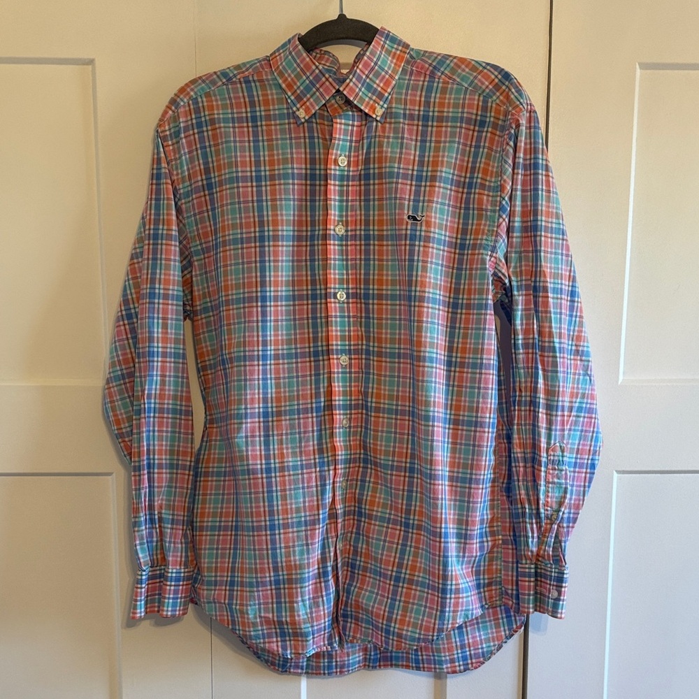 Vineyard Vines Men's Blue and Red Plaid - Whale Shirt